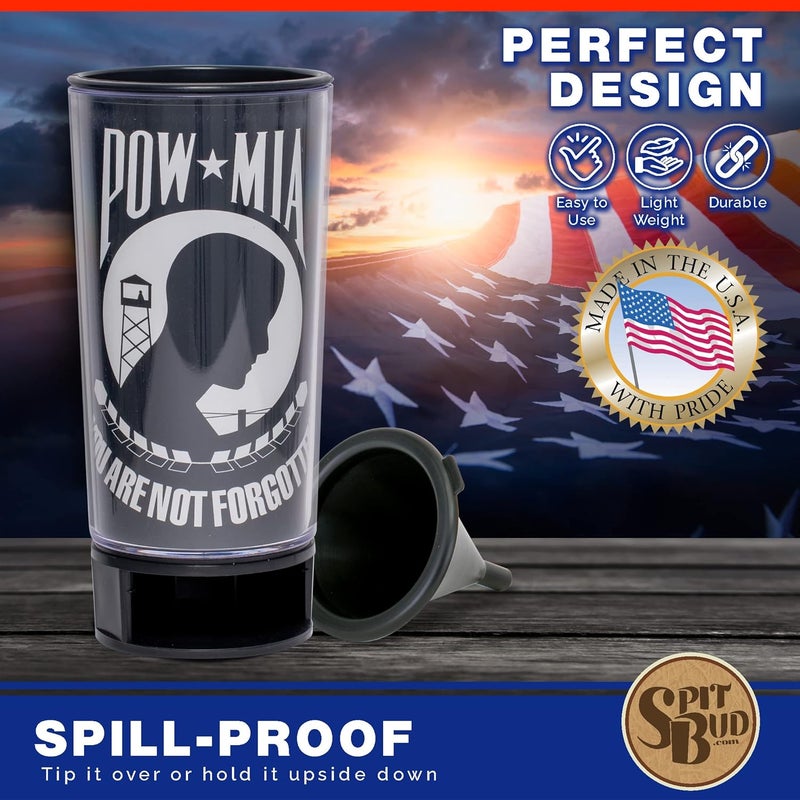 Spit Bud POW MIA The Ultimate Spittoon for Chew - Portable Dip & Snuff Cup with Lid, Pop Tab, Spill-Proof Funnel, Can Cutter & Holder - Fit in Cup Holders - Holds 8oz - Made in USA - Image 5